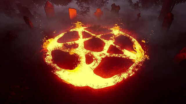 Halloween. Burning pentagram in an abandoned, old cemetery, in a forest.