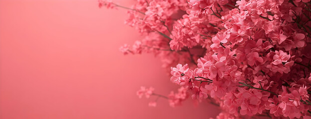 Fototapeta premium Pink blossoms, coral backdrop, spring