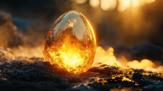 Golden egg illuminated in a mystical setting, with vibrant colors and soft fog creating an ethereal atmosphere during twilight, ideal for magical, fantasy, or creative conceptual imagery.