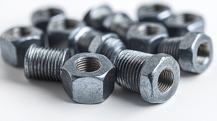 Close Up Group of Galvanized Bolts Lying Flat on White Surface