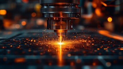 Close-up of laser cutting metal, sparks flying.