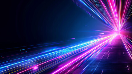 Abstract Neon Lights: A vibrant symphony of neon lights streaks across a dark canvas, creating a mesmerizing display of speed and energy. Their blue and pink hues dance in abstract patterns.