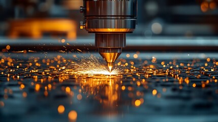Close-up of CNC laser cutting machine in operation, sparks flying from metal sheet.