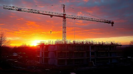 Naklejka premium Construction site at sunset with a crane lifting materials against a vibrant sky backdrop