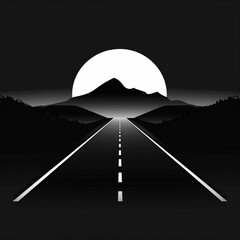 Obraz premium Moonlight Highway: A solitary highway stretches towards a distant mountain silhouetted against a luminous moon. The stark contrast of black and white creates a sense of mystery and intrigue.