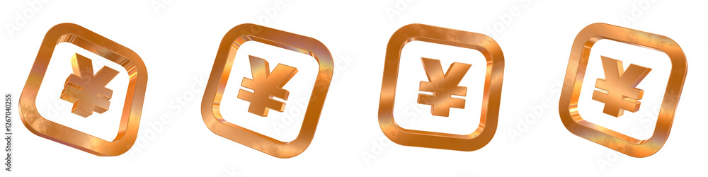Poster set of 4 3d yen curved rectangle outline shapes with golden and rainbow effects isolated on a transp
