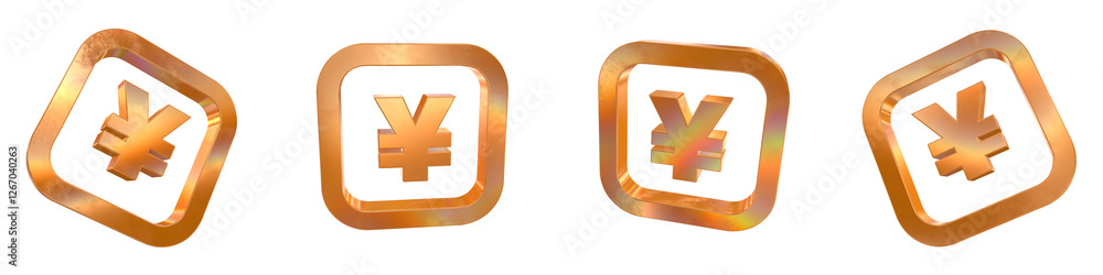 Poster set of 4 3d yen curved rectangle outline shapes with golden and rainbow effects isolated on a transp