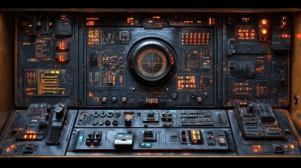 Obraz premium Control panel of a futuristic spacecraft with glowing buttons and screens, showcasing advanced technology