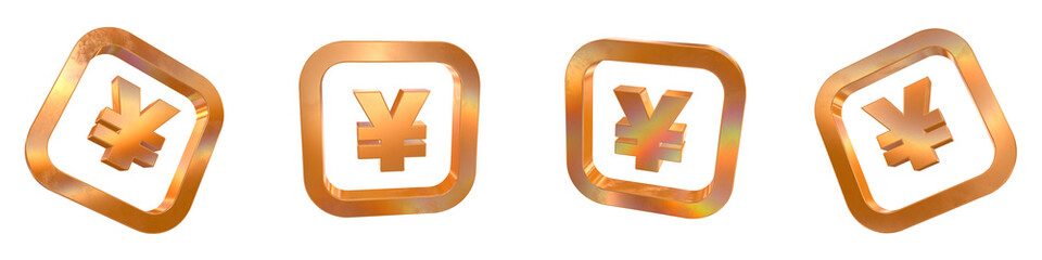 Obraz premium Set of 4 3d yen curved rectangle outline shapes with golden and rainbow effects isolated on a transparent background. 3d elements for graphic design.
