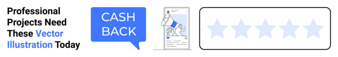 Blue Cashback chat bubble, phone displaying a storefront, and five-star rating. Ideal for e-commerce, customer rewards, online shopping promotions, user reviews, discounts, cashback offers flat