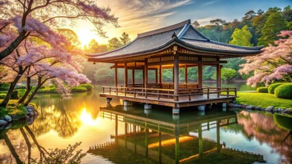 Fototapeta premium Serene Pavilion on a Calm Pond at Sunrise, Surrounded by Blossoming Trees