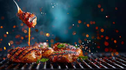 Smoky BBQ Chicken: A mouthwatering close-up of succulent grilled chicken drizzled with tangy BBQ sauce on a smoking hot grill.  The photo captures the essence of a delicious barbecue experience.  