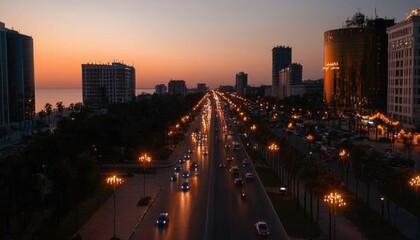 Obraz premium City Avenue at Sunset Cars drive along road by Oceanfront buildings