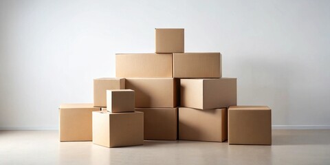 Obraz premium A stack of various sized cardboard boxes sits on a light floor against a minimalist wall, ready for packing or moving