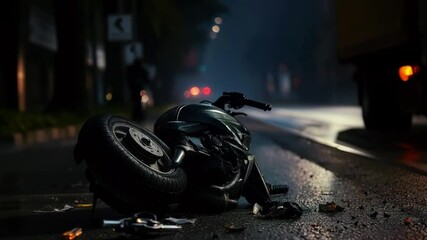 A fallen motorcycle on a dimly lit street at night, with vehicles passing by in the background