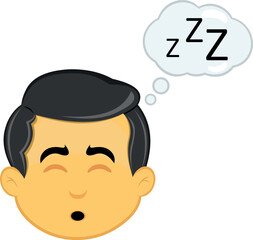 vector illustration yellow emoji character male, sleeping and a cloud thought with the text zzz
