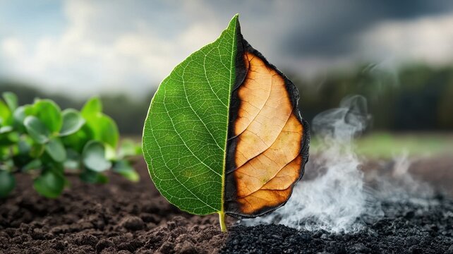 Climate Change and global warming and Conservation. Leaf split showing green and burnt sides, symbolizing nature's resilience.