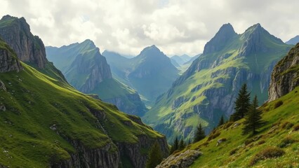 Fototapeta premium Towering mountain peaks covered in lush green moss and wildflowers, canyons, alpine, meadows