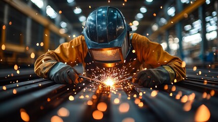 Welder in action, sparks flying during metalwork.