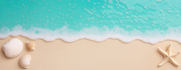 Fototapeta premium A pristine white sand against a backdrop of turquoise ocean waters and starfish,brilliant turquoise. The sky above is a clear, vibrant blue, ,tropical beach ,natural beauty , coastal paradise.