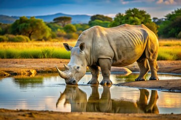 Obraz premium Endangered white rhino, Ceratotherium simum, quenches its thirst at an African savanna waterhole, a symbol of wild Africa.