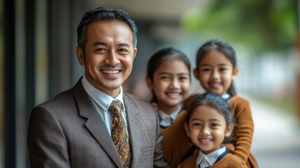 Obraz premium Happy Asian Father with Three Smiling Daughters