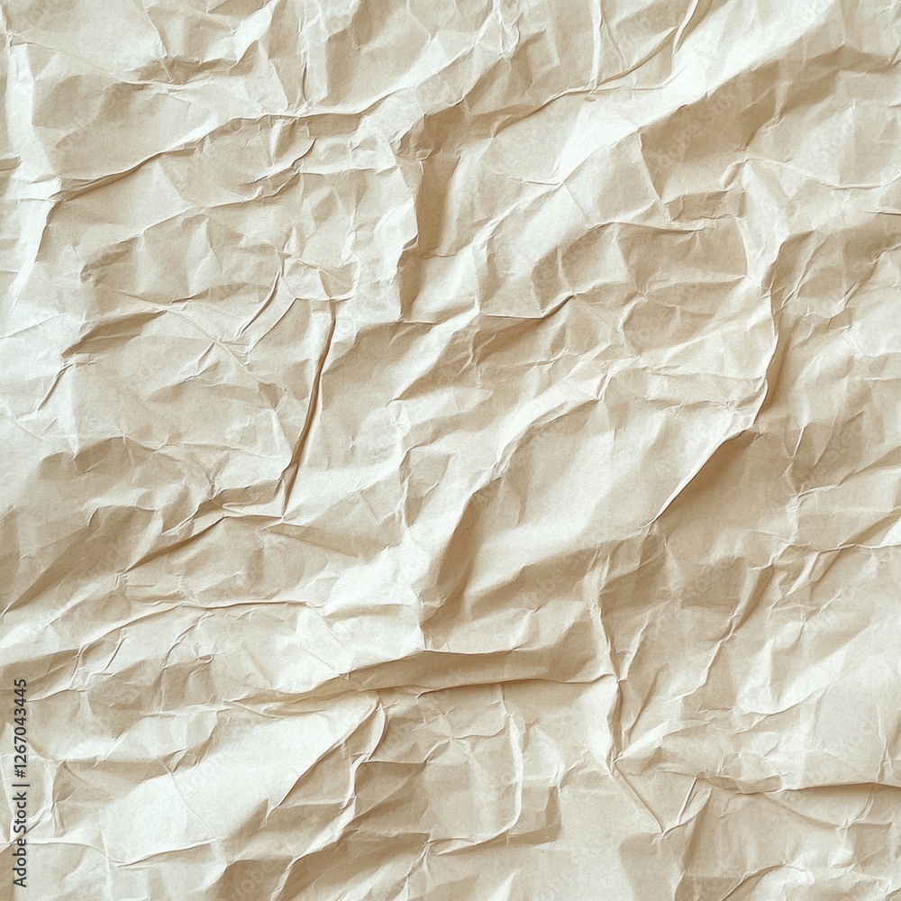 Poster crumpled beige paper with textured surface showing intricate folds and creases in warm natural light