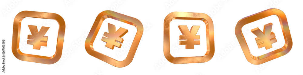 Poster set of 4 3d yen curved rectangle outline shapes with golden and rainbow effects isolated on a transp