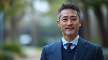 Confident Asian Businessman Smiling Outdoors