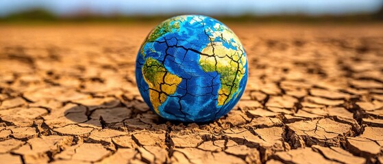 Climate Change and global warming and Conservation. Dry cracked earth with a globe symbolizing environmental concerns.