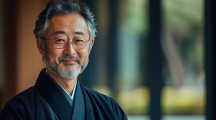 Portrait of a Smiling Japanese Senior Man in Traditional Clothing