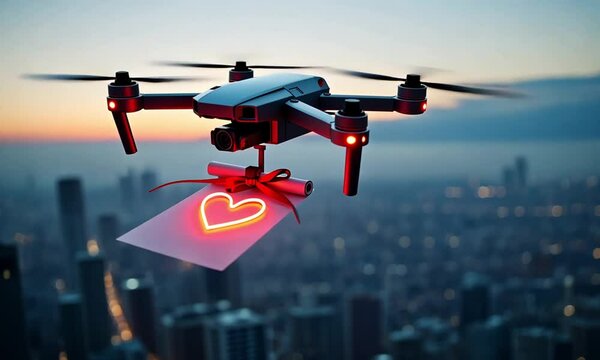 Drone Delivering a Love Letter Across a Scenic Landscape

