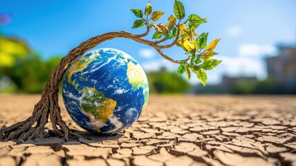 Climate Change and global warming and Conservation. A tree growing from a globe on cracked earth symbolizes environmental hope.