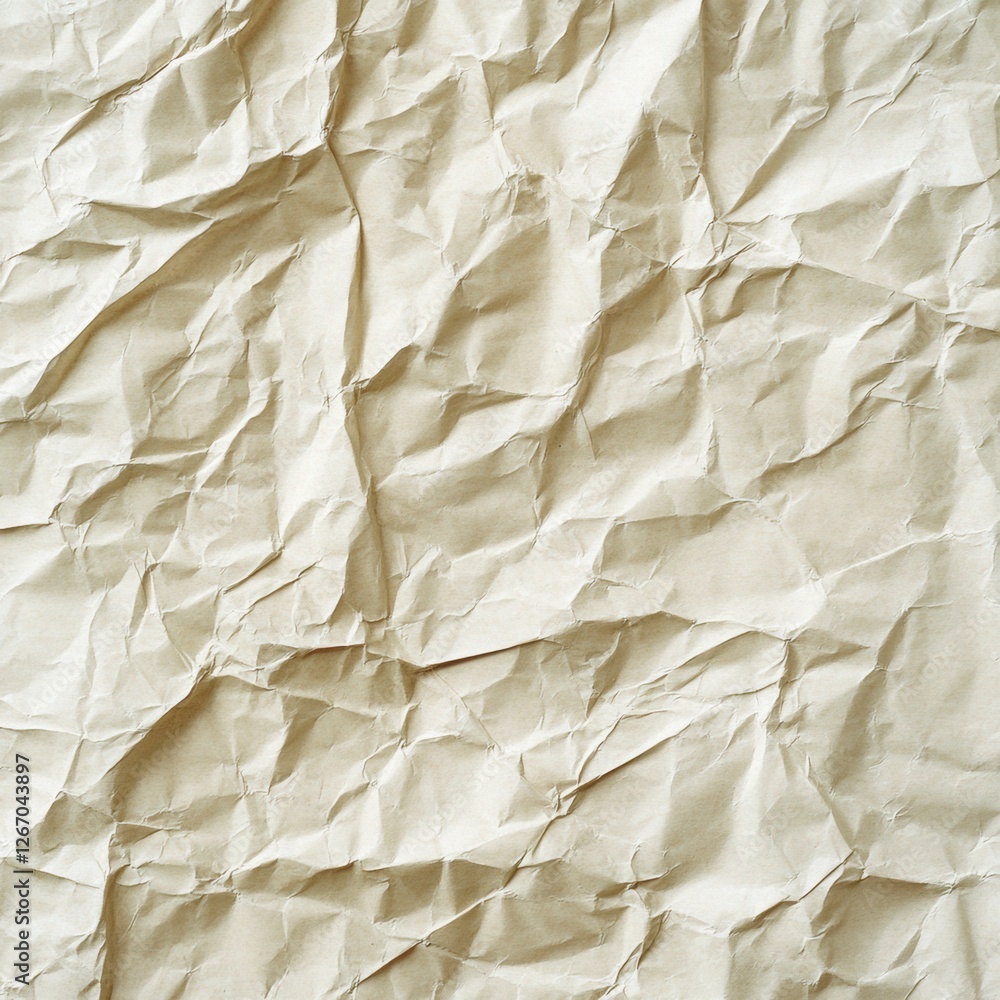 Poster crumpled beige paper texture reveals intricate folds and creases in various patterns under soft ligh