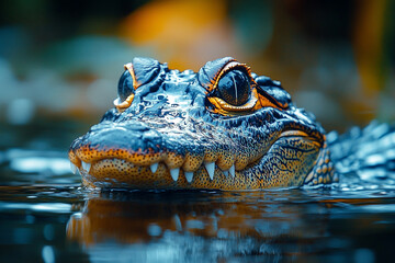 Obraz premium Captivating Crocodile, Eyes Focused on a Water Surface of Calm Reflections