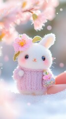 Fototapeta premium Cute bunny figurine in a soft sweater surrounded by spring blossoms and snow in a serene outdoor setting. Generative AI