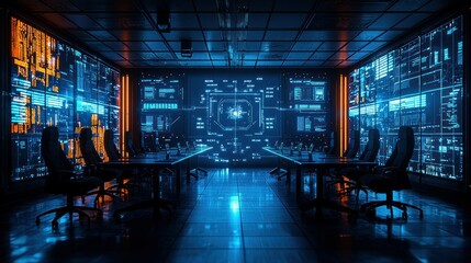 Empty high tech board room in modern office with digital futuristic backdrop
