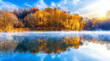 Obraz premium Serene Autumn Landscape with Colorful Trees Reflected in Calm Water Under Clear Blue Sky