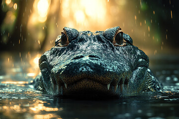 Obraz premium Enigmatic Reptilian Gaze, Alligator in Rainy Waters, a Close-Up Shot