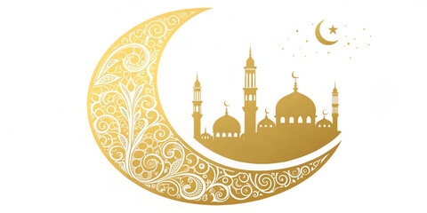 Golden crescent moon and mosque silhouette Ramadan greeting card with a minimalistic yet luxurious Islamic-inspired design