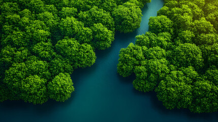 Naklejka premium Aerial View of Lush Forest: An aerial perspective captures a vibrant, dense forest canopy, with a meandering river slicing through the heart of it.