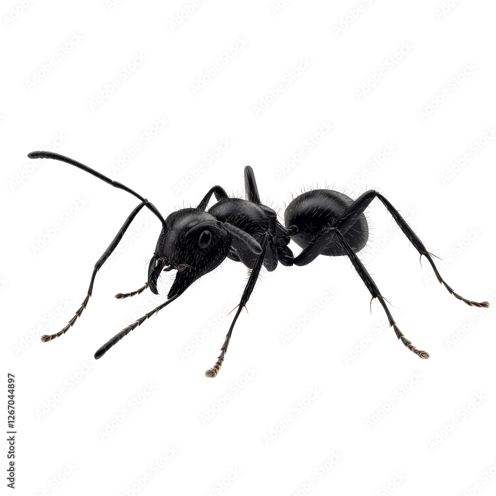 Poster detailed illustration of black ant showcasing its distinct features, including antennae and legs, em