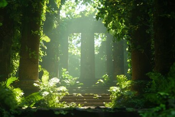 Ancient stone structure amidst green vegetation, light shining in jungle