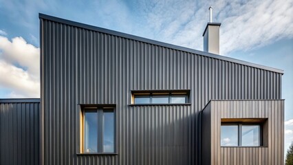 Fototapeta premium Modern Architectural Design Featuring Dark Metal Siding and Wood Accents with Windows