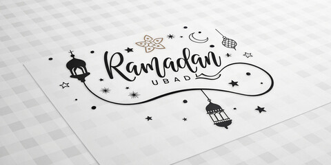 Handwritten-style Ramadan Mubarak greeting card in a unique calligraphic design with an elegant, minimalist black-and-white theme.