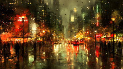 Obraz premium Urban Reflections: The vibrant cityscape at dusk, with rain-slicked streets reflecting the dazzling lights of buildings and streetlamps, creates a moody atmosphere.