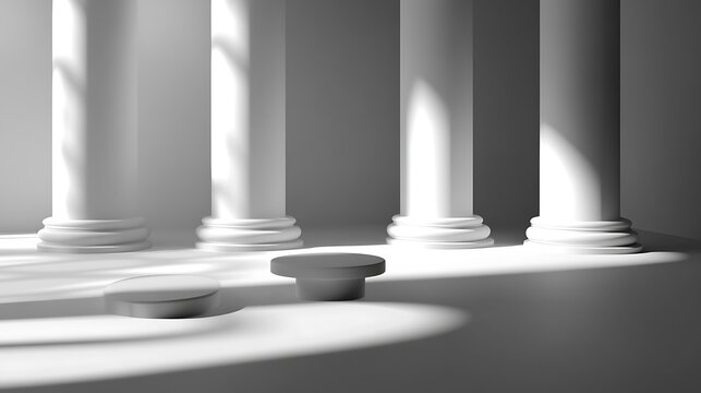 Minimalist display with white columns and gray platforms