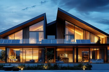 Fototapeta premium sustainable architecture passive design Modern house with large glass windows and illuminated interiors at dusk.