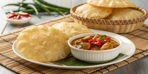 Golden, puffed Indian puri with tangy chickpea curry and fresh chili &ndash; a beloved traditional meal from Indian cuisine
