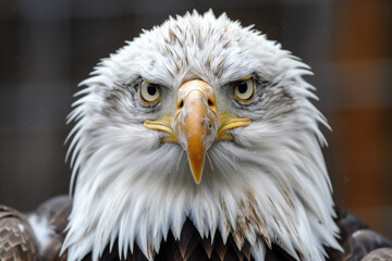 Obraz premium A close-up shot of a bald eagle's intense gaze, with its sharp beak and feathers in focus.